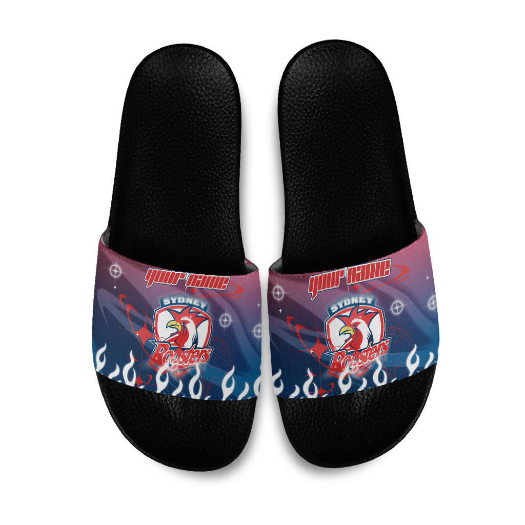 Personalized Sydney Roosters Slide Sandals Y2K Grunge Aesthetic With Cyber Flames and Starburst Graphics