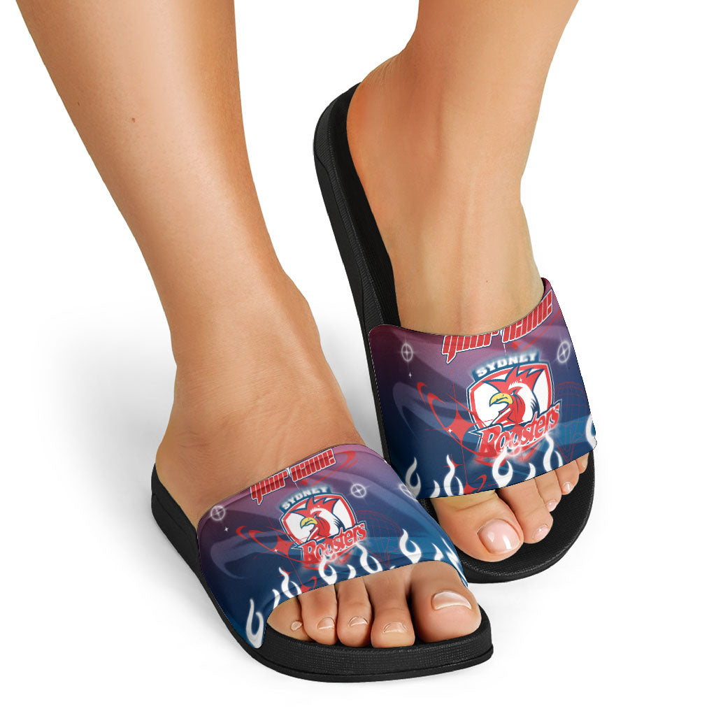 Personalized Sydney Roosters Slide Sandals Y2K Grunge Aesthetic With Cyber Flames and Starburst Graphics