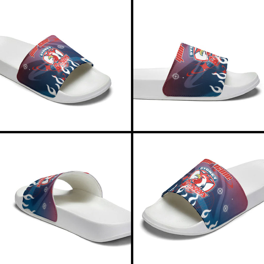 Personalized Sydney Roosters Slide Sandals Y2K Grunge Aesthetic With Cyber Flames and Starburst Graphics
