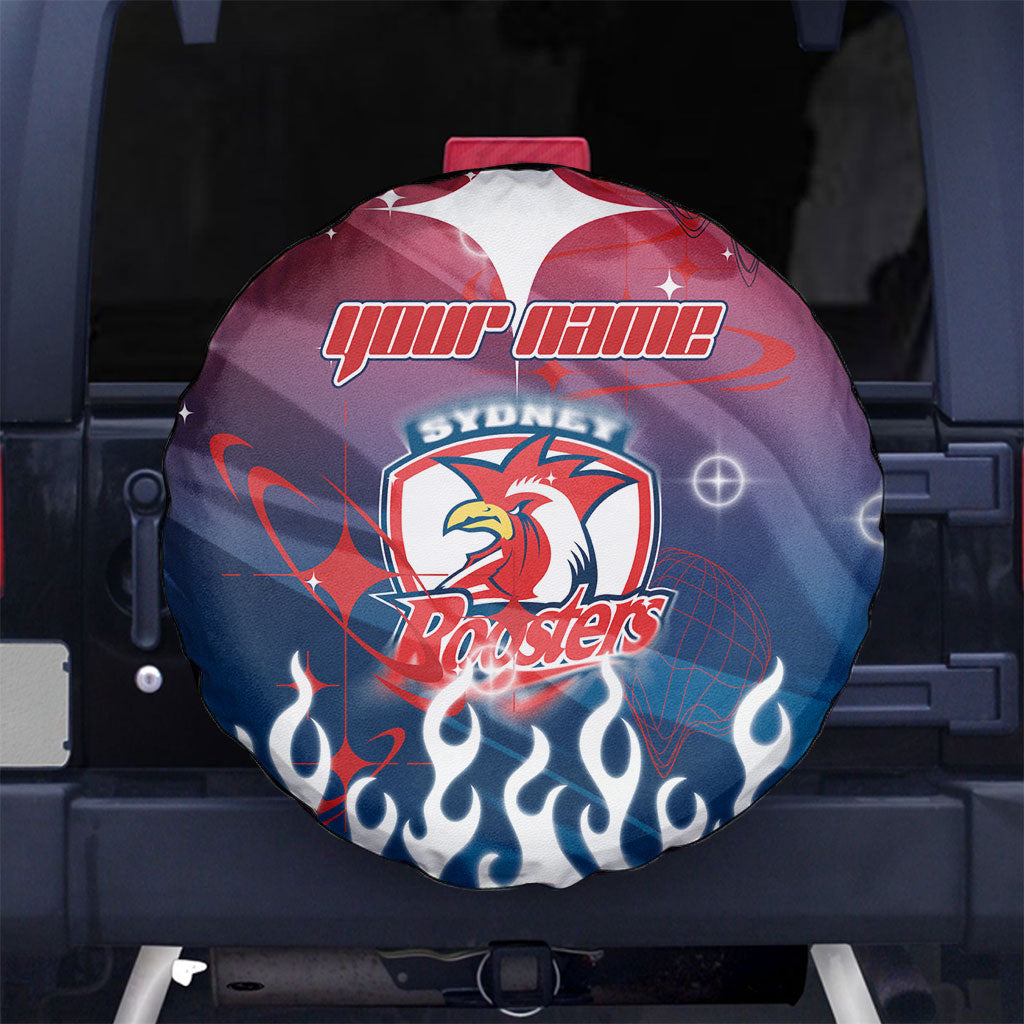 Personalized Sydney Roosters Spare Tire Cover Y2K Grunge Aesthetic With Cyber Flames and Starburst Graphics