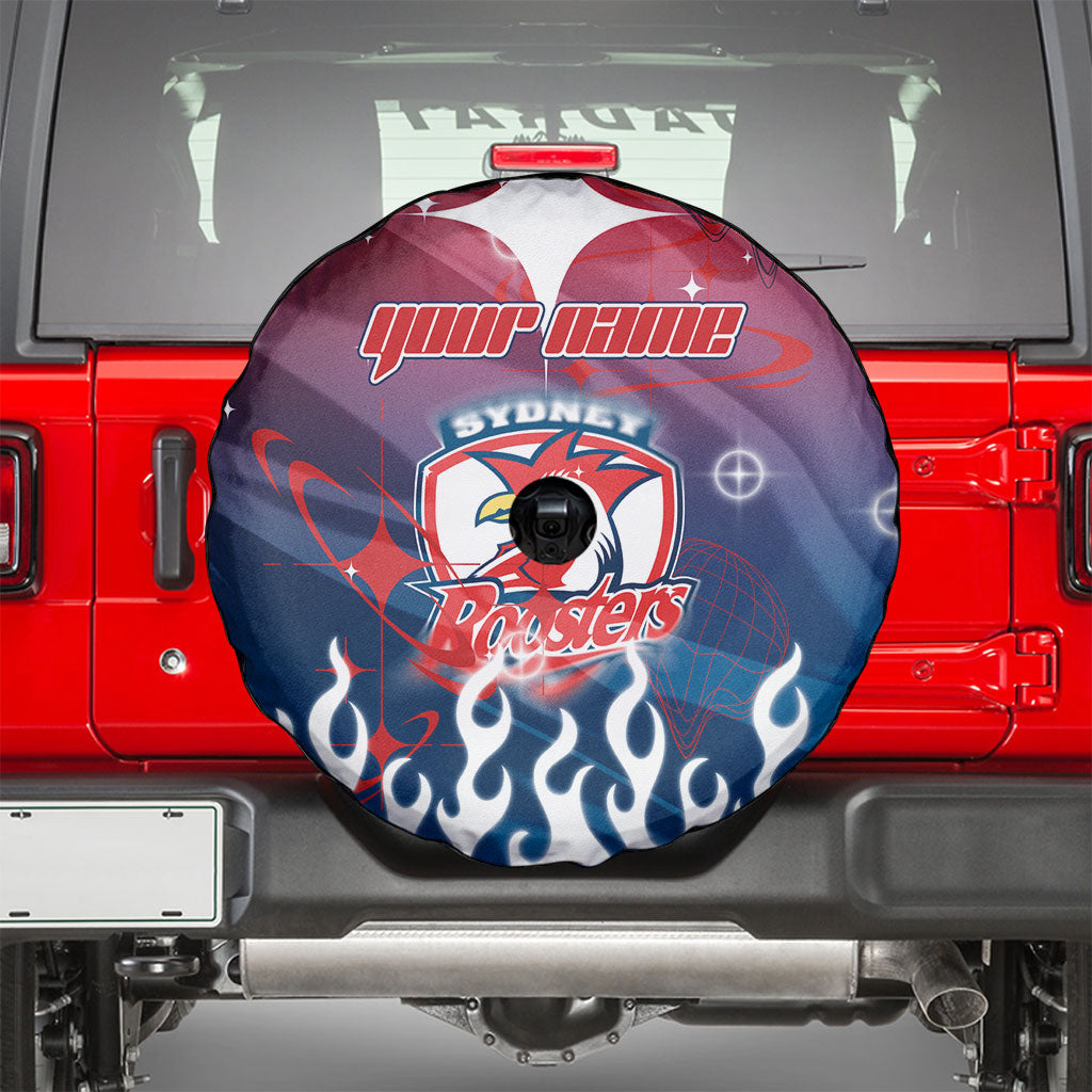 Personalized Sydney Roosters Spare Tire Cover Y2K Grunge Aesthetic With Cyber Flames and Starburst Graphics