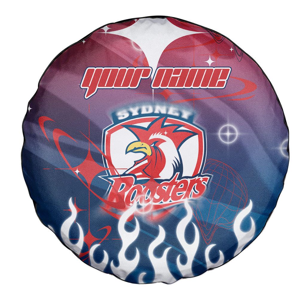 Personalized Sydney Roosters Spare Tire Cover Y2K Grunge Aesthetic With Cyber Flames and Starburst Graphics