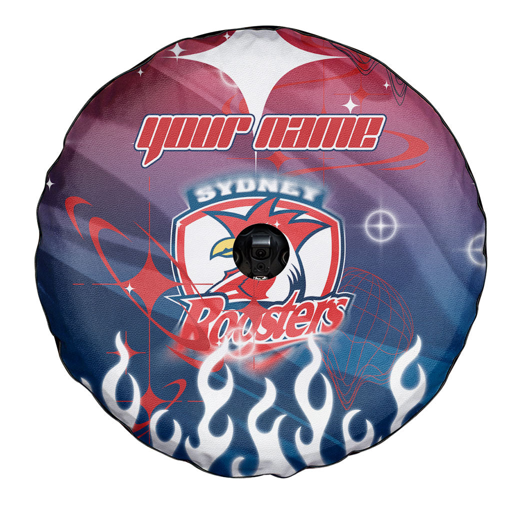 Personalized Sydney Roosters Spare Tire Cover Y2K Grunge Aesthetic With Cyber Flames and Starburst Graphics