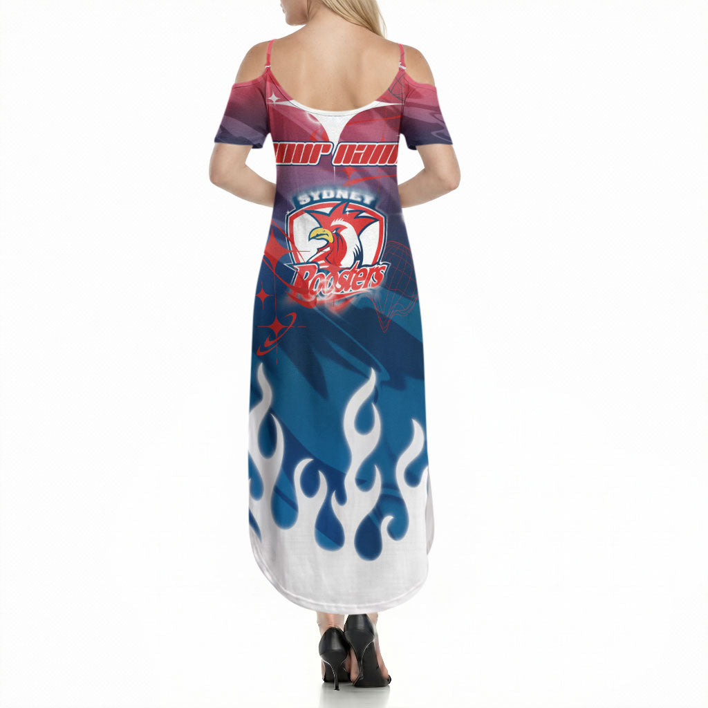 Personalized Sydney Roosters Summer Maxi Dress Y2K Grunge Aesthetic With Cyber Flames and Starburst Graphics