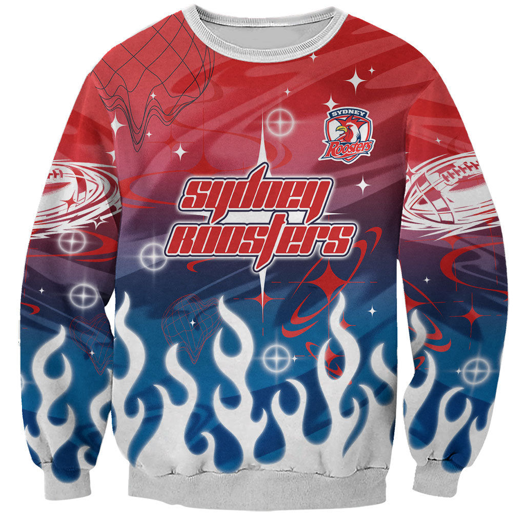 Personalized Sydney Roosters Sweatshirt Y2K Grunge Aesthetic With Cyber Flames and Starburst Graphics