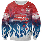 Personalized Sydney Roosters Sweatshirt Y2K Grunge Aesthetic With Cyber Flames and Starburst Graphics