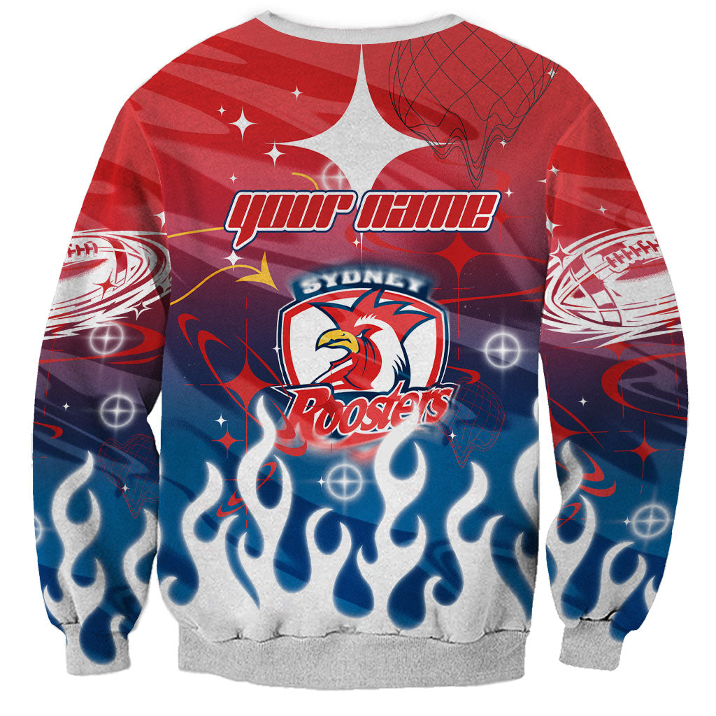 Personalized Sydney Roosters Sweatshirt Y2K Grunge Aesthetic With Cyber Flames and Starburst Graphics