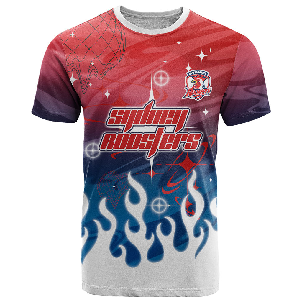 Personalized Sydney Roosters T Shirt Y2K Grunge Aesthetic With Cyber Flames and Starburst Graphics
