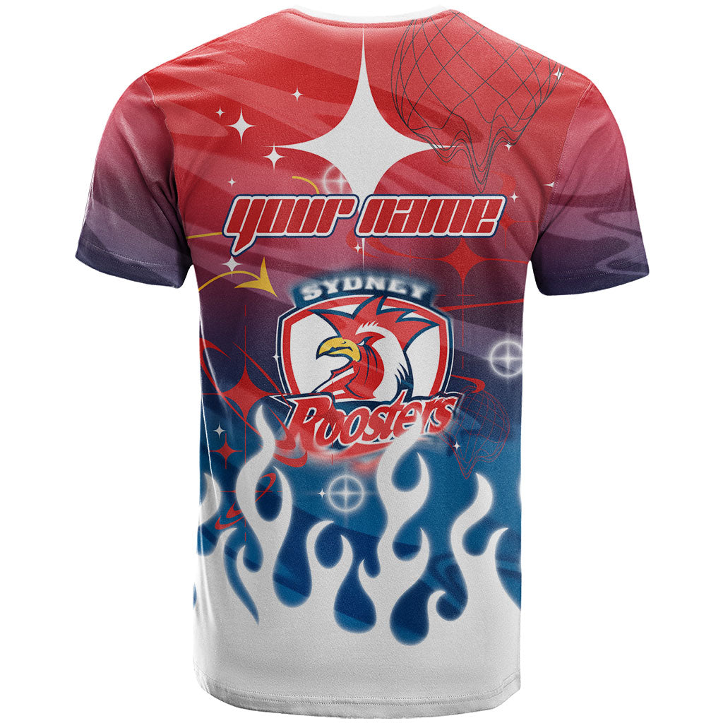 Personalized Sydney Roosters T Shirt Y2K Grunge Aesthetic With Cyber Flames and Starburst Graphics