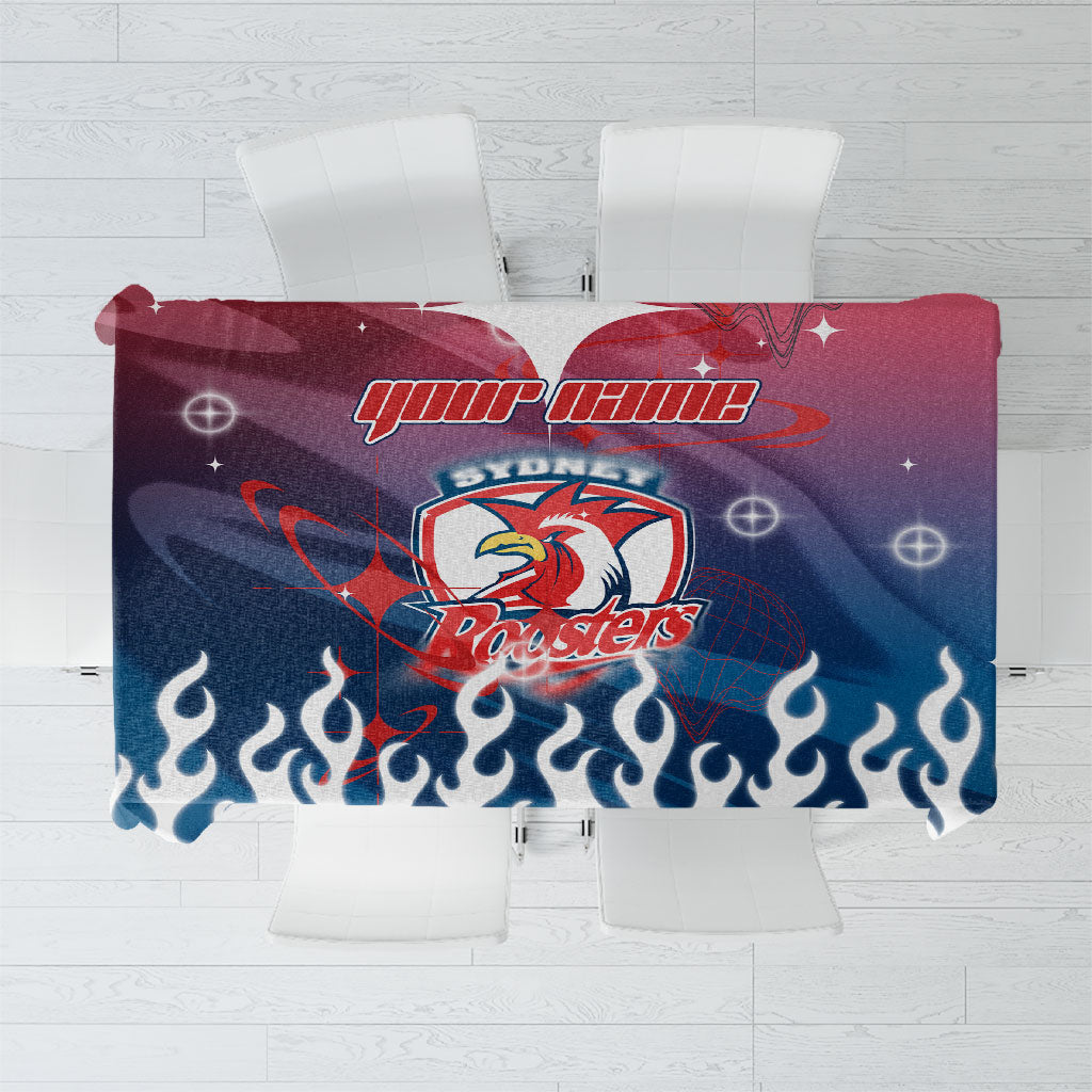 Personalized Sydney Roosters Tablecloth Y2K Grunge Aesthetic With Cyber Flames and Starburst Graphics