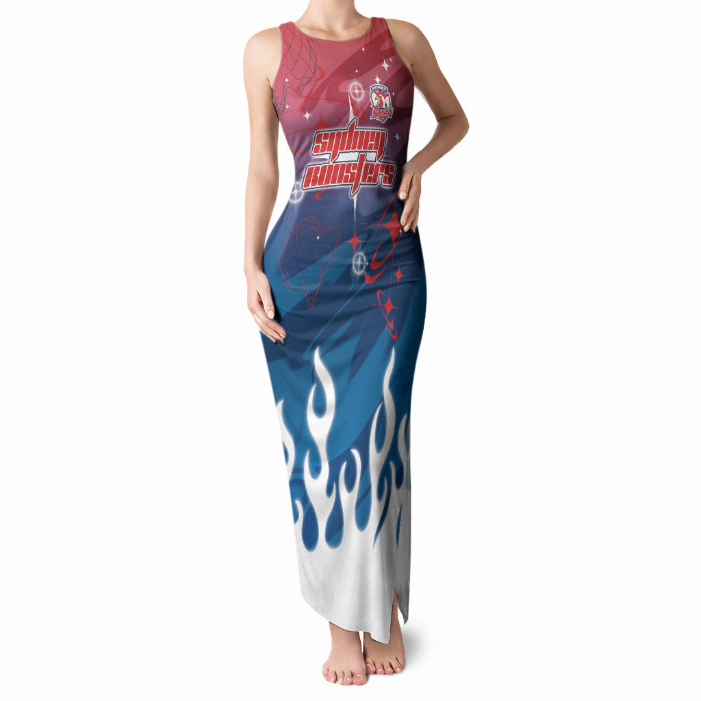 Personalized Sydney Roosters Tank Maxi Dress Y2K Grunge Aesthetic With Cyber Flames and Starburst Graphics