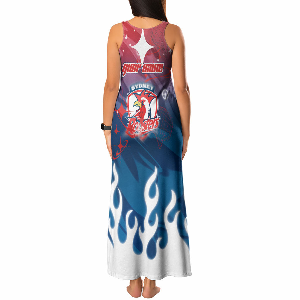 Personalized Sydney Roosters Tank Maxi Dress Y2K Grunge Aesthetic With Cyber Flames and Starburst Graphics