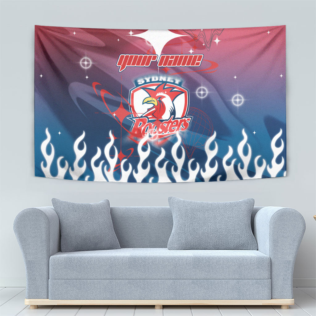 Personalized Sydney Roosters Tapestry Y2K Grunge Aesthetic With Cyber Flames and Starburst Graphics