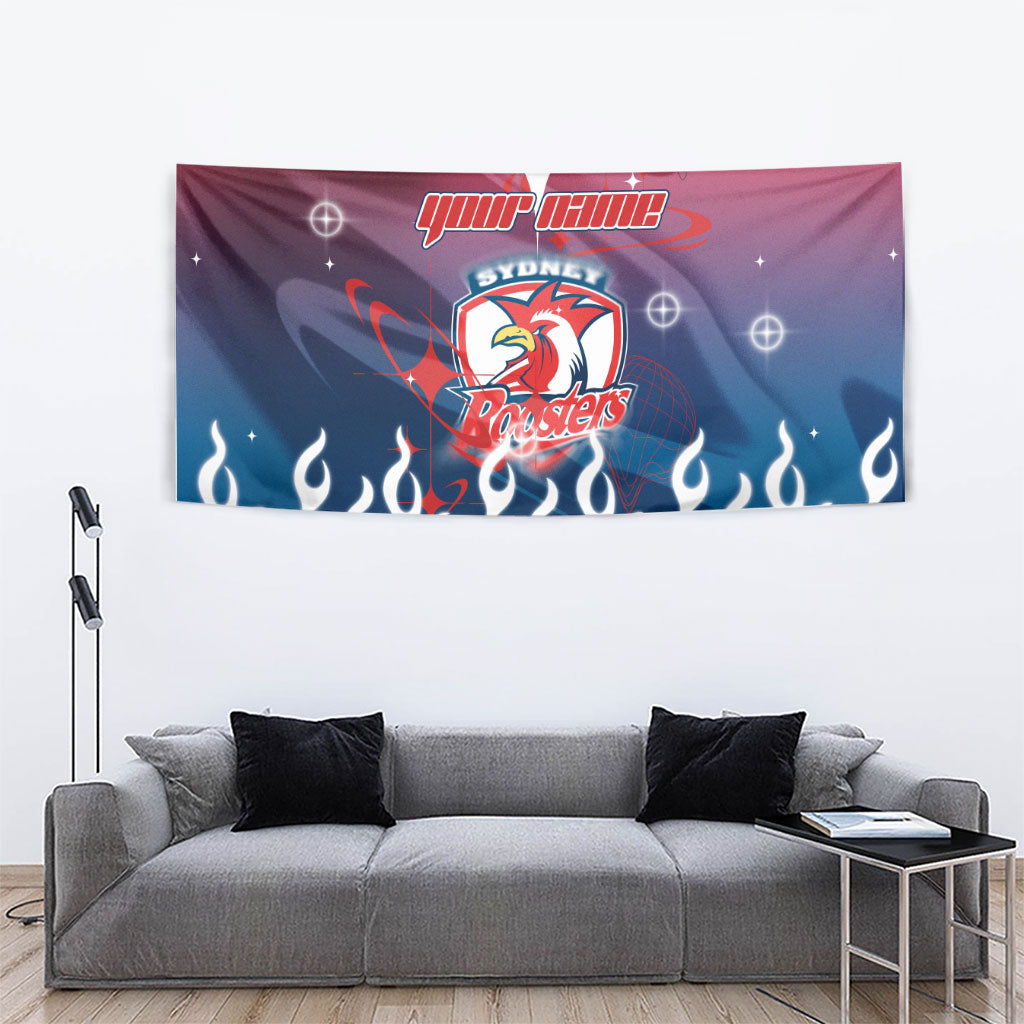 Personalized Sydney Roosters Tapestry Y2K Grunge Aesthetic With Cyber Flames and Starburst Graphics