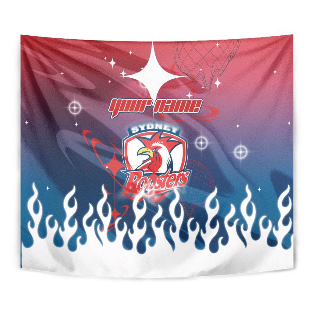 Personalized Sydney Roosters Tapestry Y2K Grunge Aesthetic With Cyber Flames and Starburst Graphics