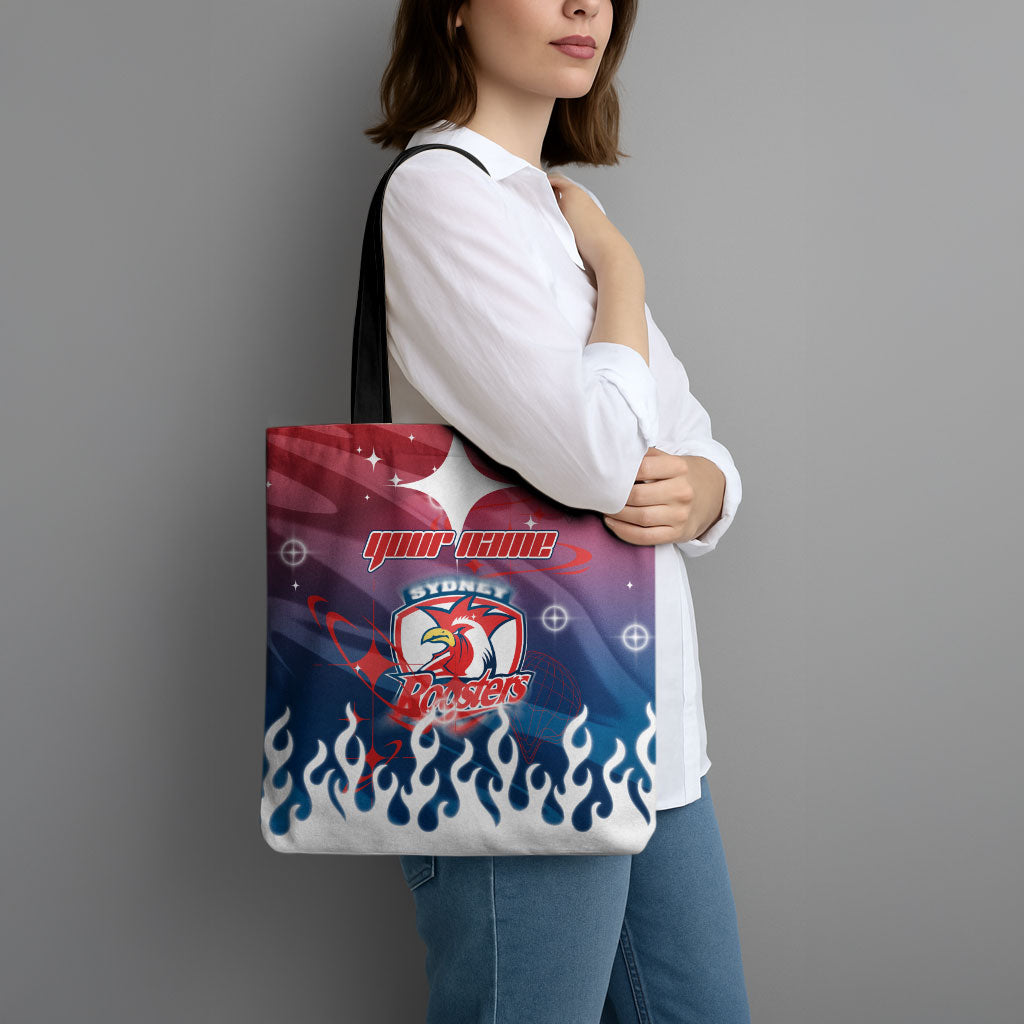 Personalized Sydney Roosters Tote Bag Y2K Grunge Aesthetic With Cyber Flames and Starburst Graphics