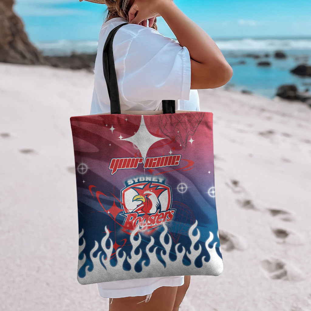 Personalized Sydney Roosters Tote Bag Y2K Grunge Aesthetic With Cyber Flames and Starburst Graphics