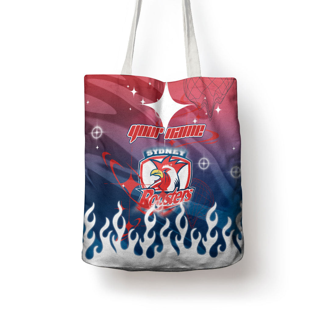Personalized Sydney Roosters Tote Bag Y2K Grunge Aesthetic With Cyber Flames and Starburst Graphics