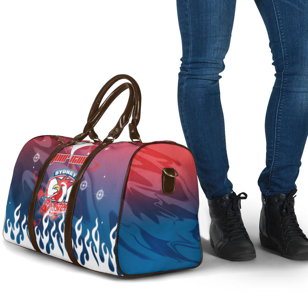 Personalized Sydney Roosters Travel Bag Y2K Grunge Aesthetic With Cyber Flames and Starburst Graphics