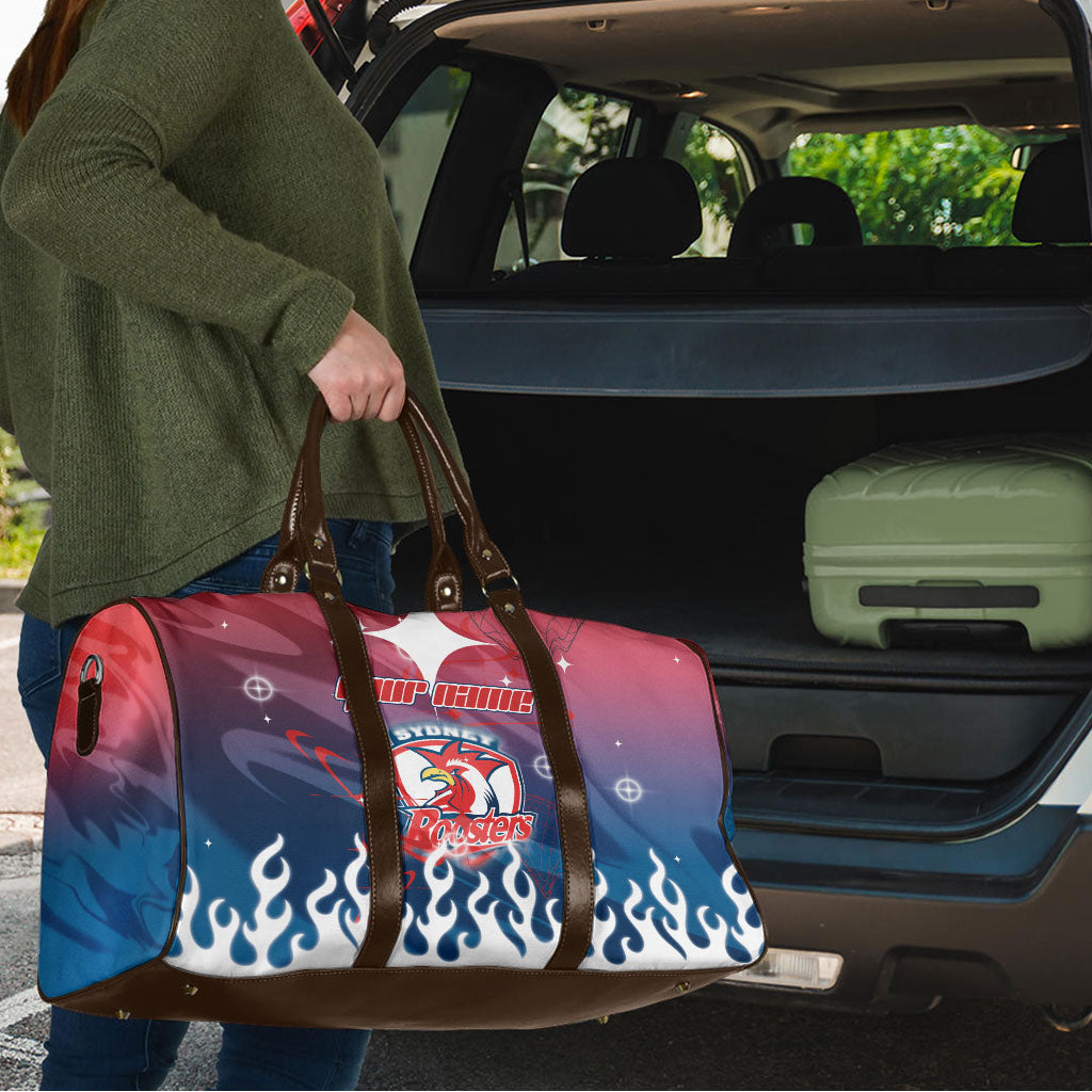 Personalized Sydney Roosters Travel Bag Y2K Grunge Aesthetic With Cyber Flames and Starburst Graphics