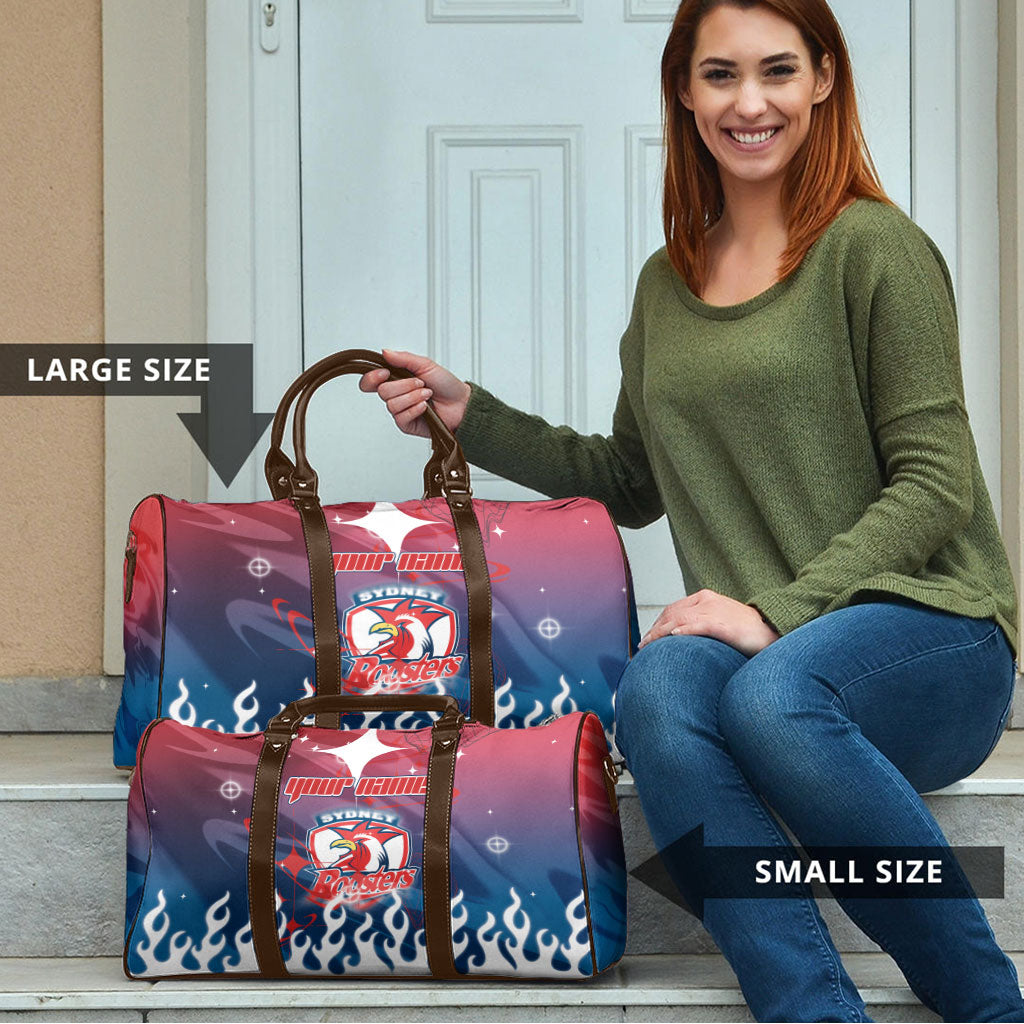 Personalized Sydney Roosters Travel Bag Y2K Grunge Aesthetic With Cyber Flames and Starburst Graphics