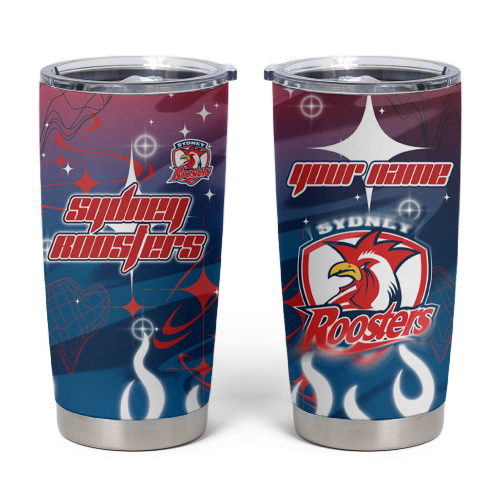 Personalized Sydney Roosters Tumbler Cup Y2K Grunge Aesthetic With Cyber Flames and Starburst Graphics