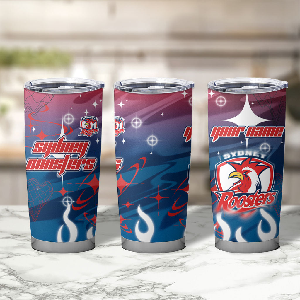 Personalized Sydney Roosters Tumbler Cup Y2K Grunge Aesthetic With Cyber Flames and Starburst Graphics