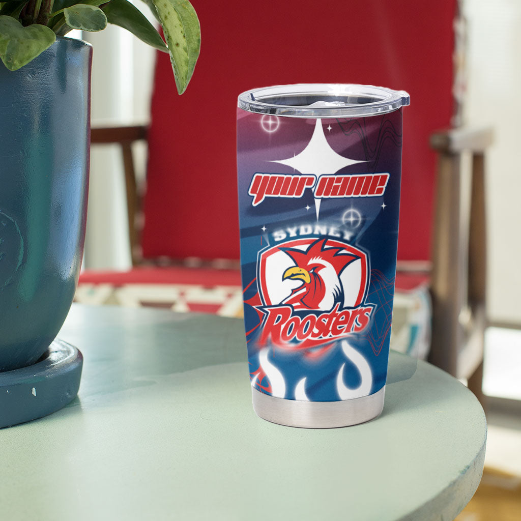 Personalized Sydney Roosters Tumbler Cup Y2K Grunge Aesthetic With Cyber Flames and Starburst Graphics