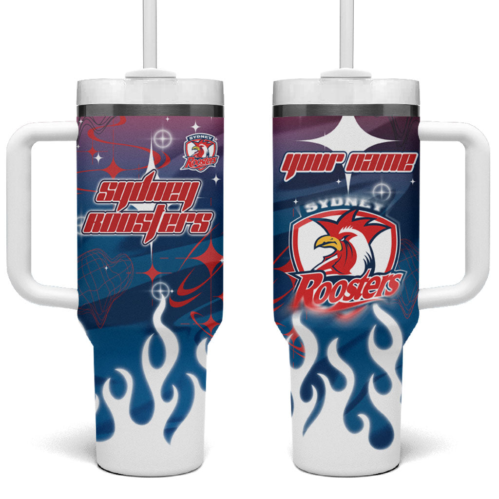 Personalized Sydney Roosters Tumbler With Handle Y2K Grunge Aesthetic With Cyber Flames and Starburst Graphics
