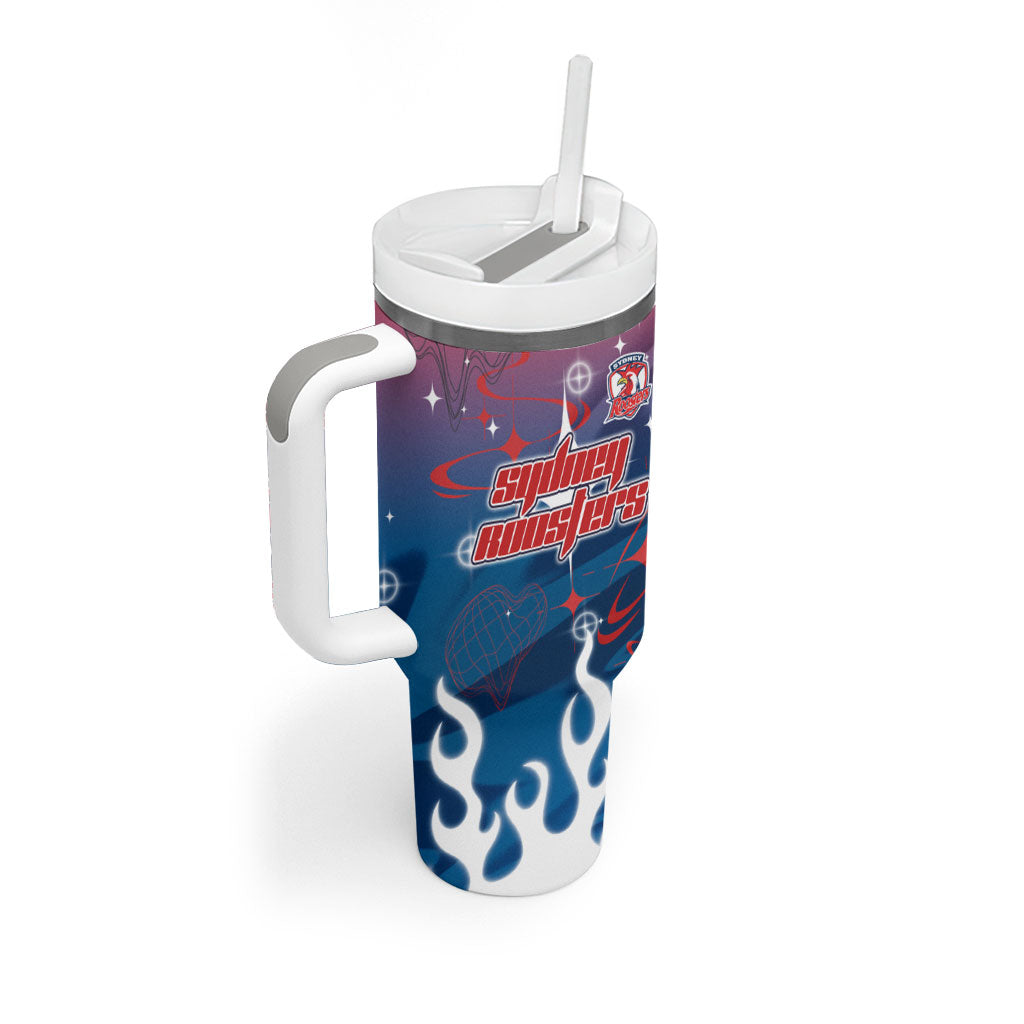 Personalized Sydney Roosters Tumbler With Handle Y2K Grunge Aesthetic With Cyber Flames and Starburst Graphics