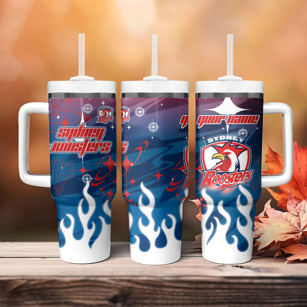 Personalized Sydney Roosters Tumbler With Handle Y2K Grunge Aesthetic With Cyber Flames and Starburst Graphics