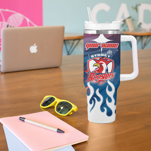 Personalized Sydney Roosters Tumbler With Handle Y2K Grunge Aesthetic With Cyber Flames and Starburst Graphics