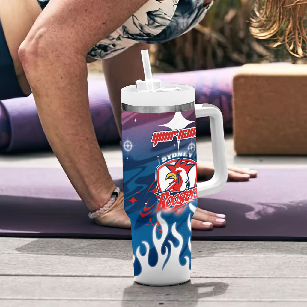 Personalized Sydney Roosters Tumbler With Handle Y2K Grunge Aesthetic With Cyber Flames and Starburst Graphics