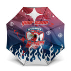 Personalized Sydney Roosters Umbrella Y2K Grunge Aesthetic With Cyber Flames and Starburst Graphics