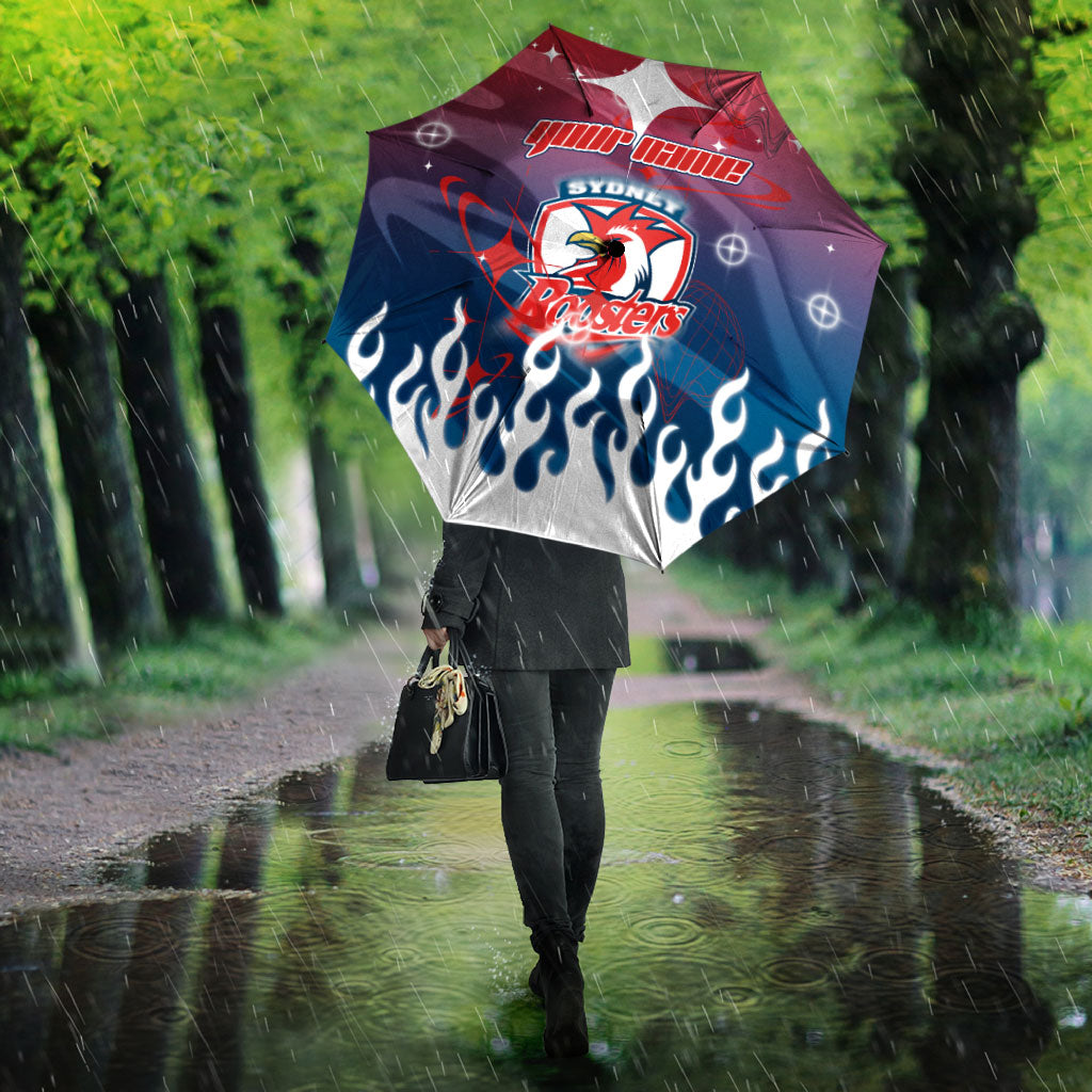 Personalized Sydney Roosters Umbrella Y2K Grunge Aesthetic With Cyber Flames and Starburst Graphics