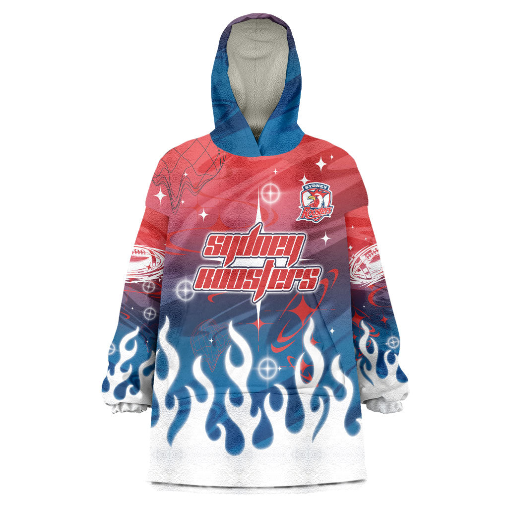 Personalized Sydney Roosters Wearable Blanket Hoodie Y2K Grunge Aesthetic With Cyber Flames and Starburst Graphics