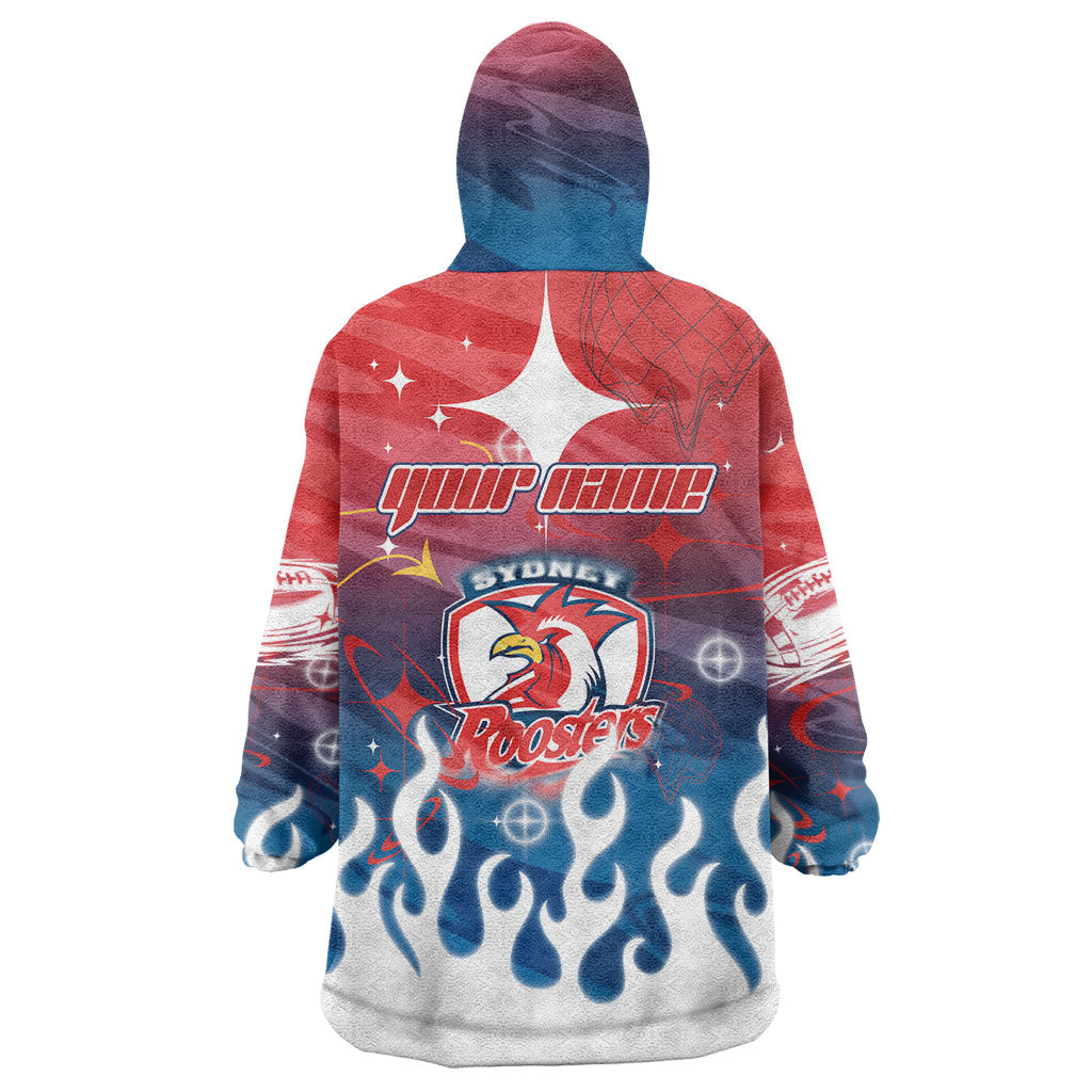 Personalized Sydney Roosters Wearable Blanket Hoodie Y2K Grunge Aesthetic With Cyber Flames and Starburst Graphics