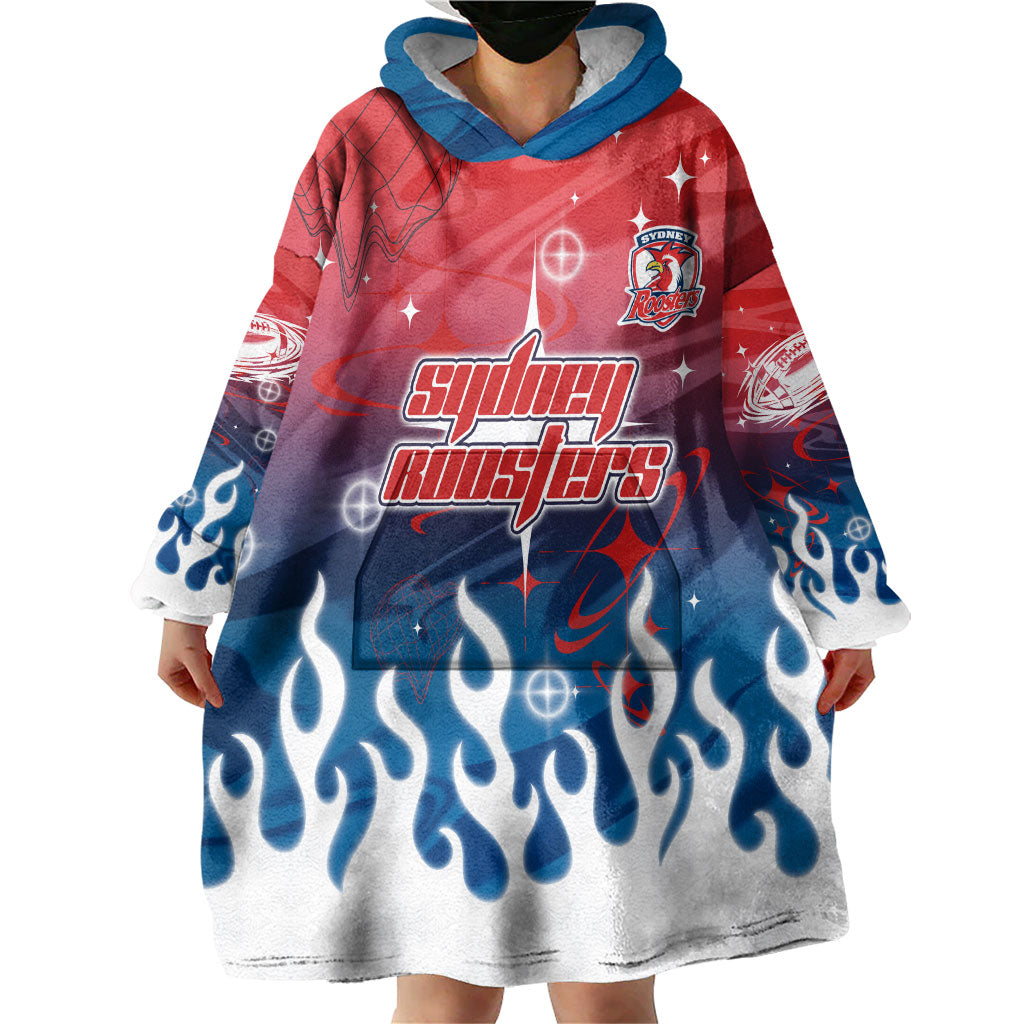 Personalized Sydney Roosters Wearable Blanket Hoodie Y2K Grunge Aesthetic With Cyber Flames and Starburst Graphics