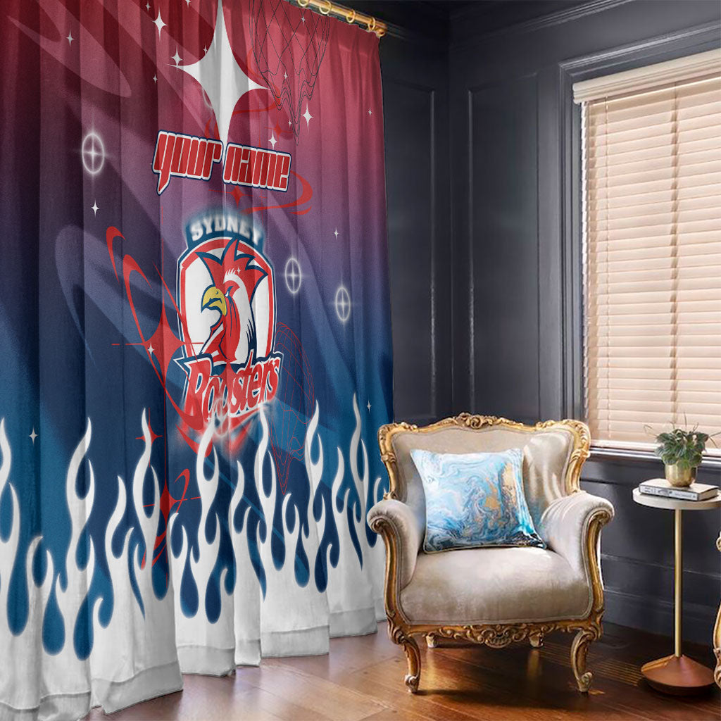 Personalized Sydney Roosters Window Curtain Y2K Grunge Aesthetic With Cyber Flames and Starburst Graphics