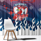 Personalized Sydney Roosters Window Curtain Y2K Grunge Aesthetic With Cyber Flames and Starburst Graphics