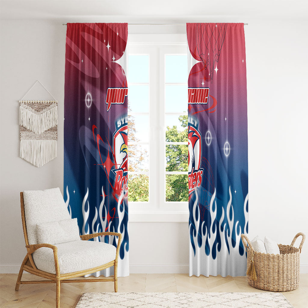 Personalized Sydney Roosters Window Curtain Y2K Grunge Aesthetic With Cyber Flames and Starburst Graphics