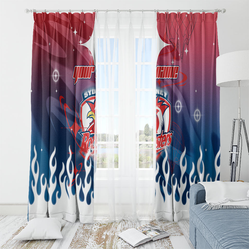 Personalized Sydney Roosters Window Curtain Y2K Grunge Aesthetic With Cyber Flames and Starburst Graphics
