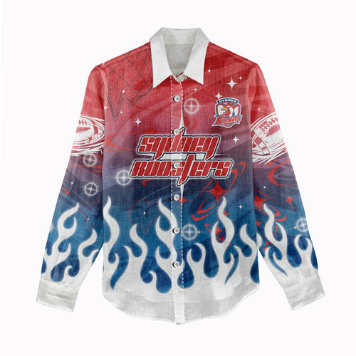 Personalized Sydney Roosters Women Casual Shirt Y2K Grunge Aesthetic With Cyber Flames and Starburst Graphics