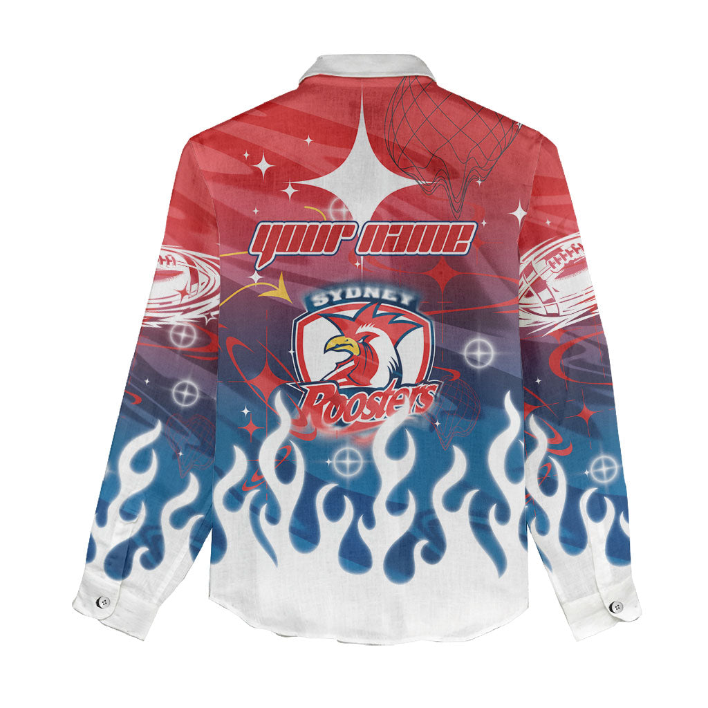 Personalized Sydney Roosters Women Casual Shirt Y2K Grunge Aesthetic With Cyber Flames and Starburst Graphics