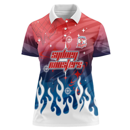 Personalized Sydney Roosters Women Polo Shirt Y2K Grunge Aesthetic With Cyber Flames and Starburst Graphics