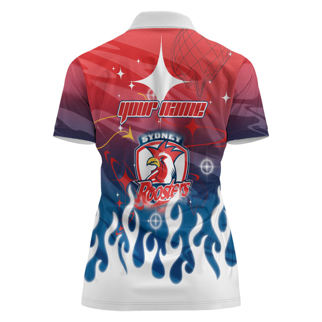 Personalized Sydney Roosters Women Polo Shirt Y2K Grunge Aesthetic With Cyber Flames and Starburst Graphics