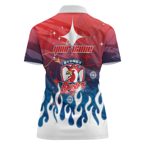 Personalized Sydney Roosters Women Polo Shirt Y2K Grunge Aesthetic With Cyber Flames and Starburst Graphics