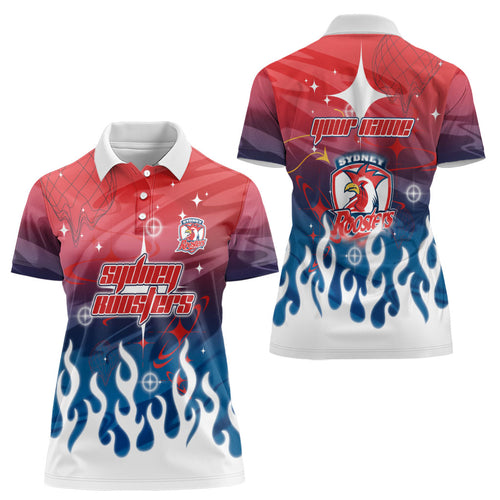 Personalized Sydney Roosters Women Polo Shirt Y2K Grunge Aesthetic With Cyber Flames and Starburst Graphics