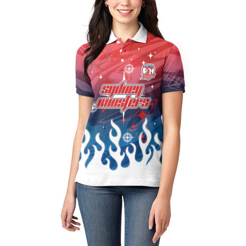 Personalized Sydney Roosters Women Polo Shirt Y2K Grunge Aesthetic With Cyber Flames and Starburst Graphics