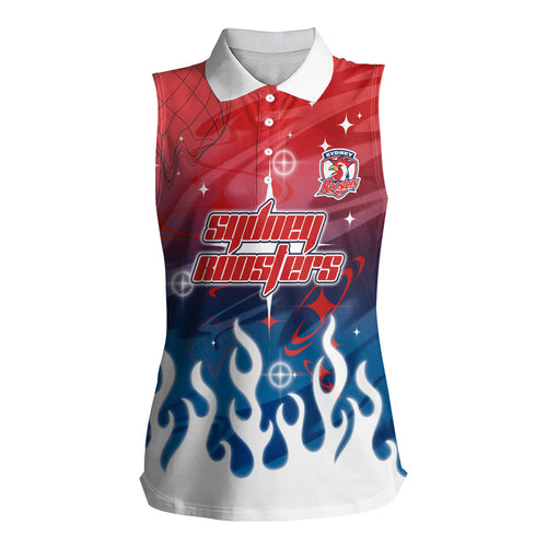 Personalized Sydney Roosters Women Sleeveless Polo Shirt Y2K Grunge Aesthetic With Cyber Flames and Starburst Graphics